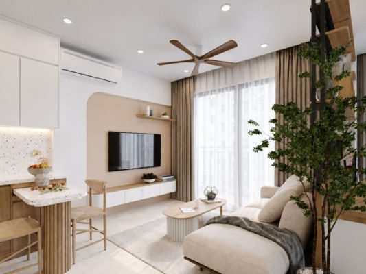 Rèm cửa sát trần kéo gọn hai bên và kệ thấp giúp ánh sáng vào sâu trong căn hộ